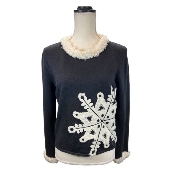 Michael Simon Womens Small Snowflake Sweater Winter Neck Sleeve Trim White - Picture 1 of 7